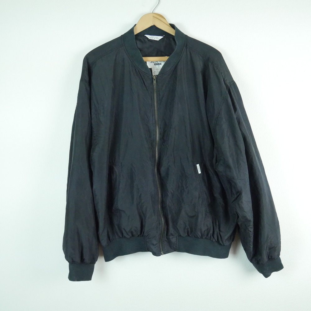 Vintage Summa 100% Silk Men's Black Bomber Jacket Oversized Zip Front Size L
